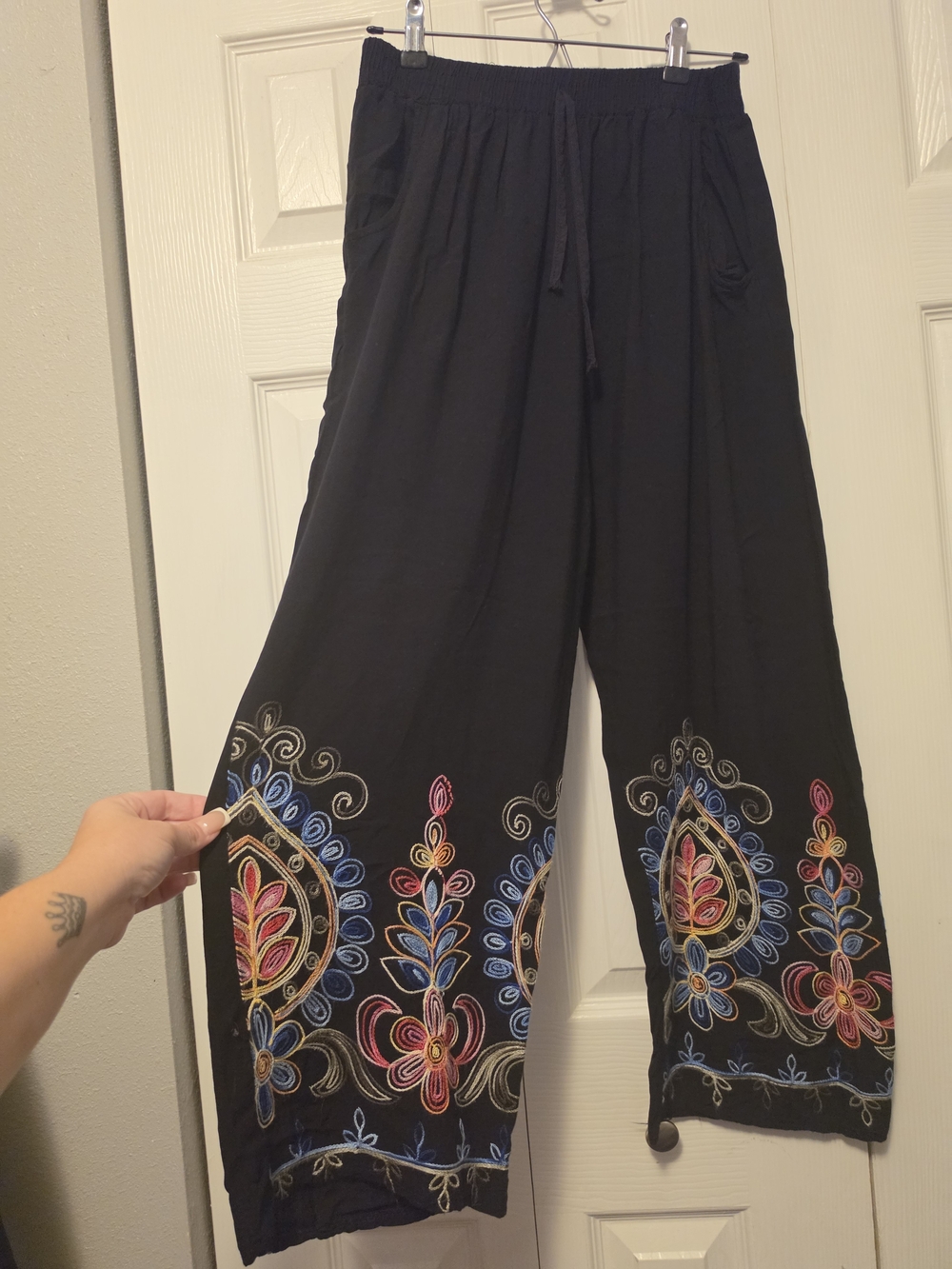 Black Wide-Leg Embroidered Palazzo Pants